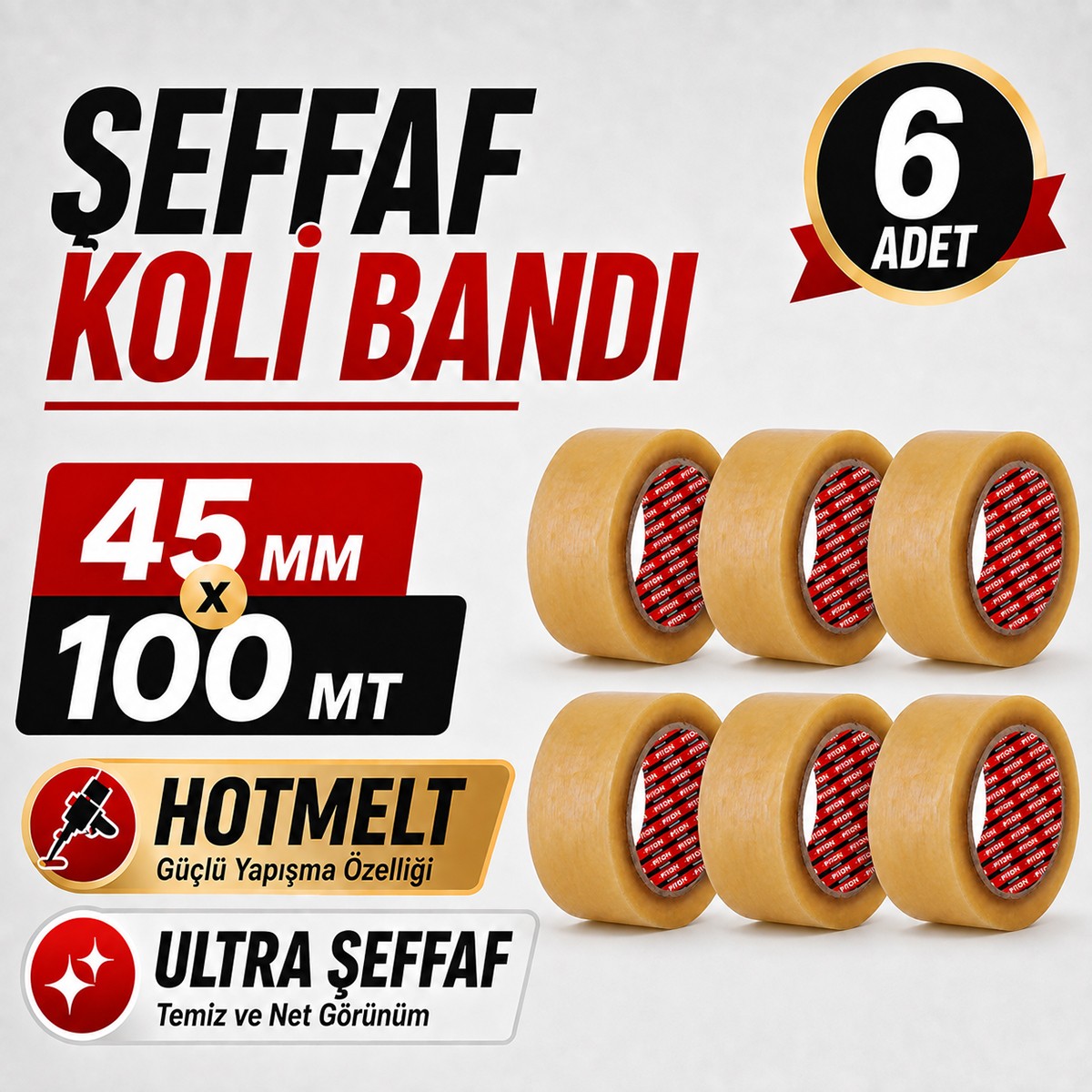 Sanplaza Şeffaf Hotmelt 6 Adet Koli Bandı 45 mm x 100 mt Güçlü Yapışkanlı Paketleme Ambalaj Bandı