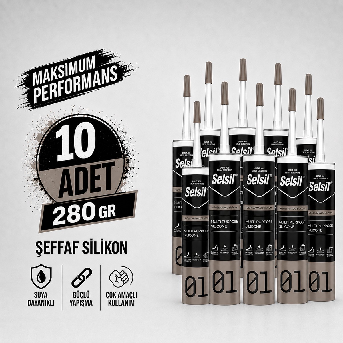 Selsil Şeffaf Genel Amaçlı Silikon 280 gr Cam PVC Seramik Banyo Mutfak Sızdırmazlık 10 Adet