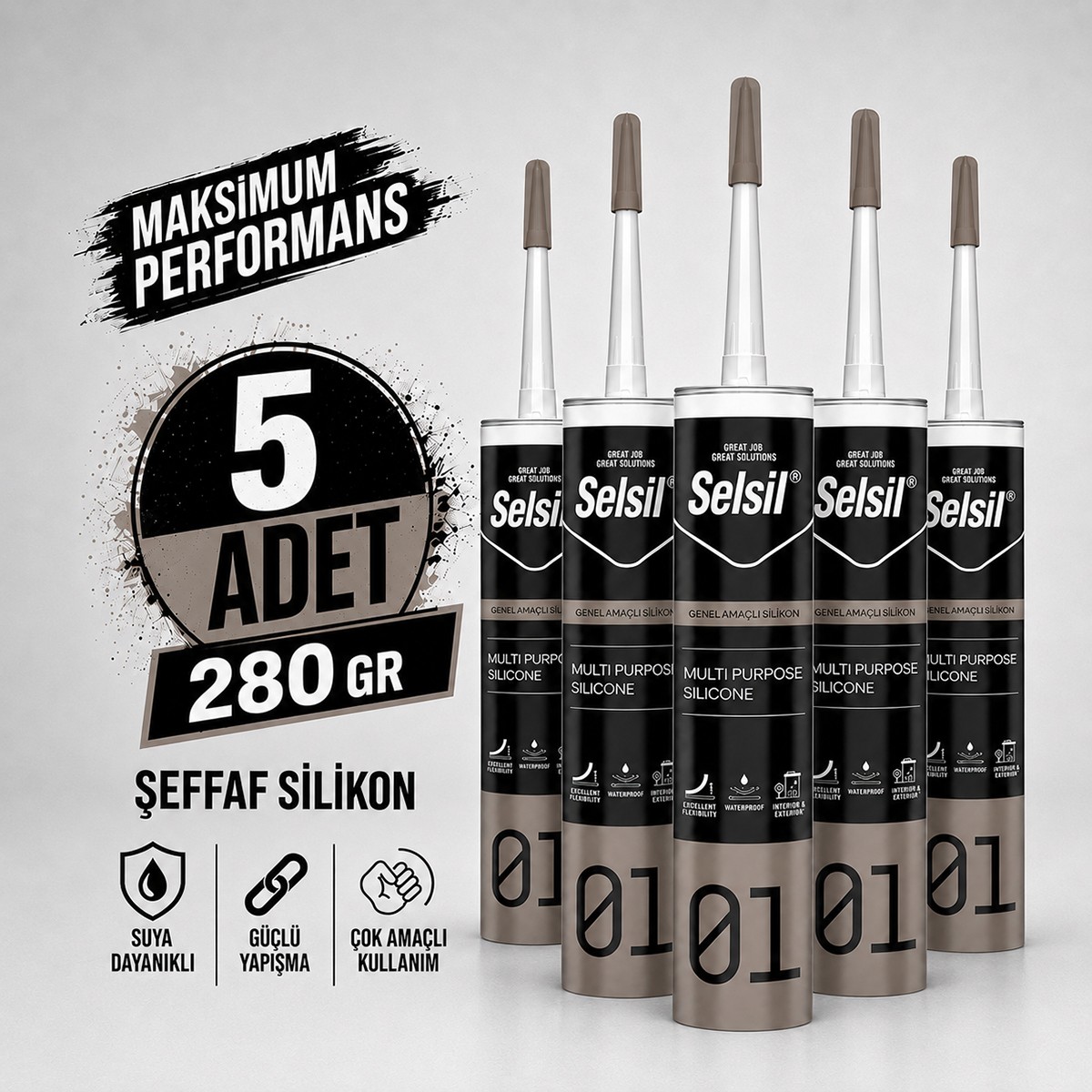 Selsil Şeffaf Genel Amaçlı Silikon 280 gr Cam PVC Seramik Banyo Mutfak Sızdırmazlık 5 Adet