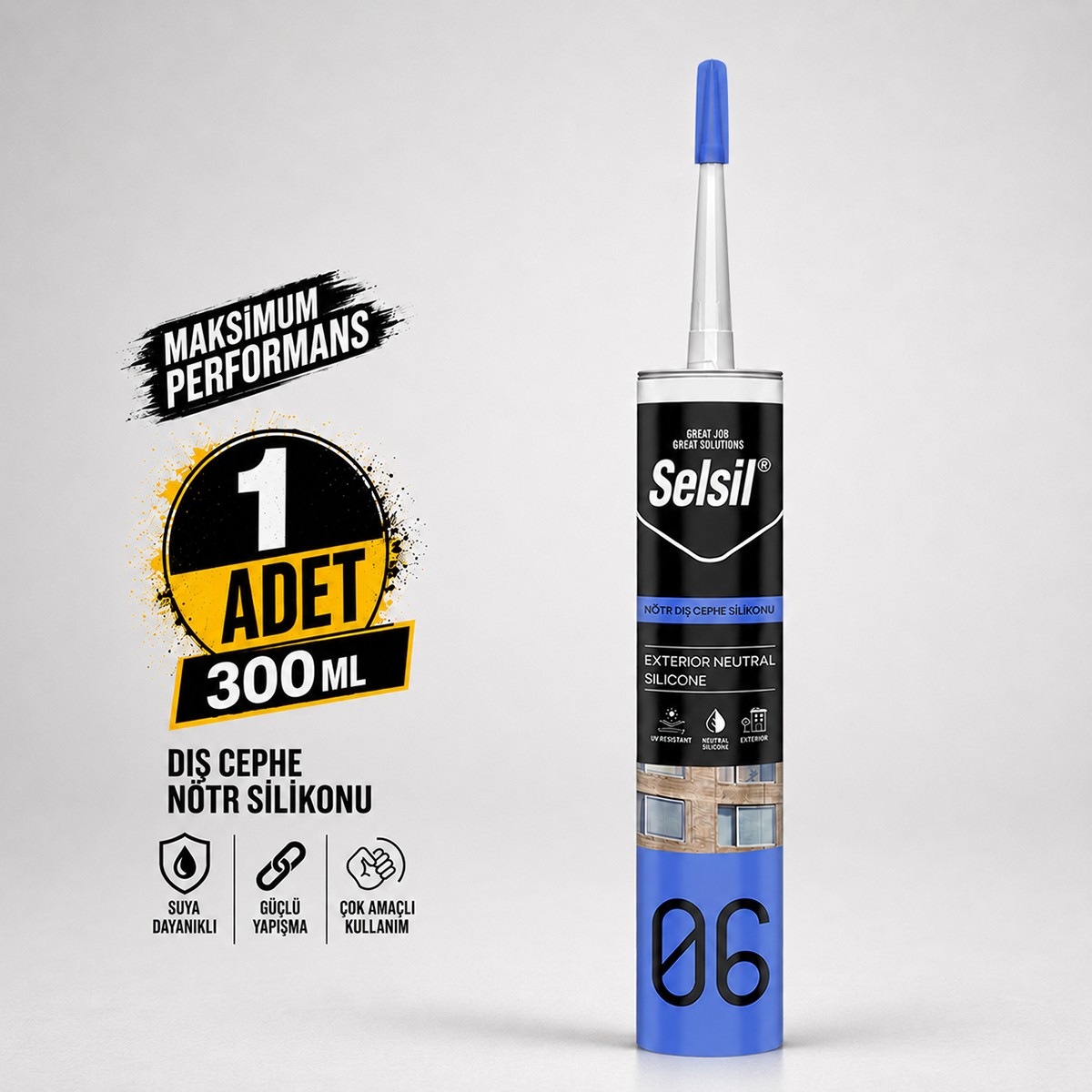 Selsil Şeffaf Nötr Dış Cephe Silikonu 300 ml UV Dayanımlı Cam Pvc Beton Derz Dolgu Mastiği