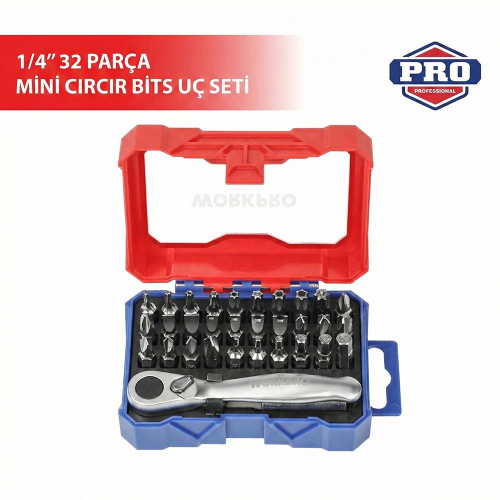 WORKPRO WP200534 32 Parça 1/4'’ Profesyonel Mini Cırcır Lokma Kollu Bits Vidalama Seti