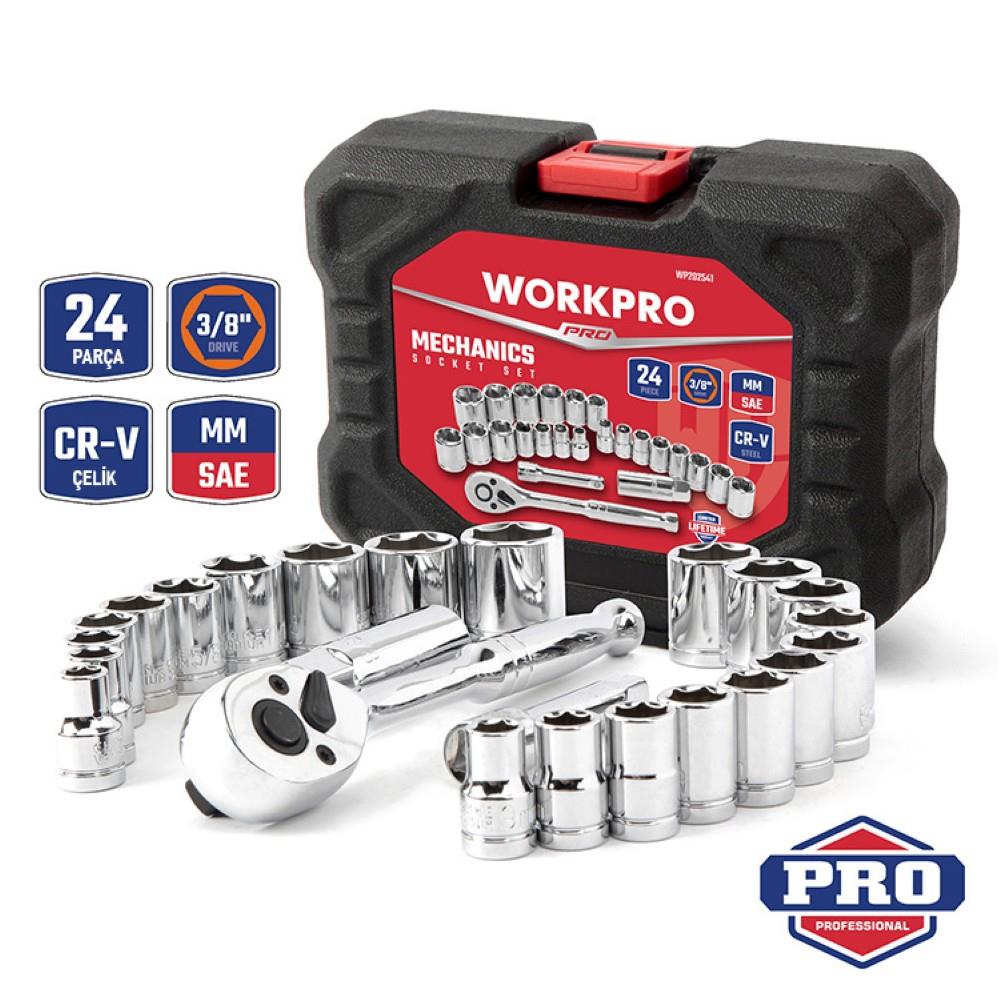 WORKPRO WP202541 3/8'’ CR-V 24 Parça Metrik/İnç Ağır Hizmet Lokma Takımı
