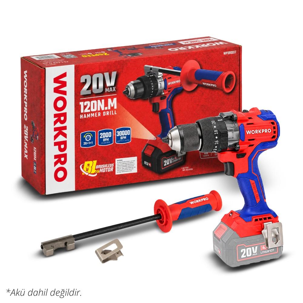 WORKPRO WP390017 20Volt 120Nm. Kömürsüz Profesyonel Şarjlı Darbeli Matkap (Akü Dahil Değildir)