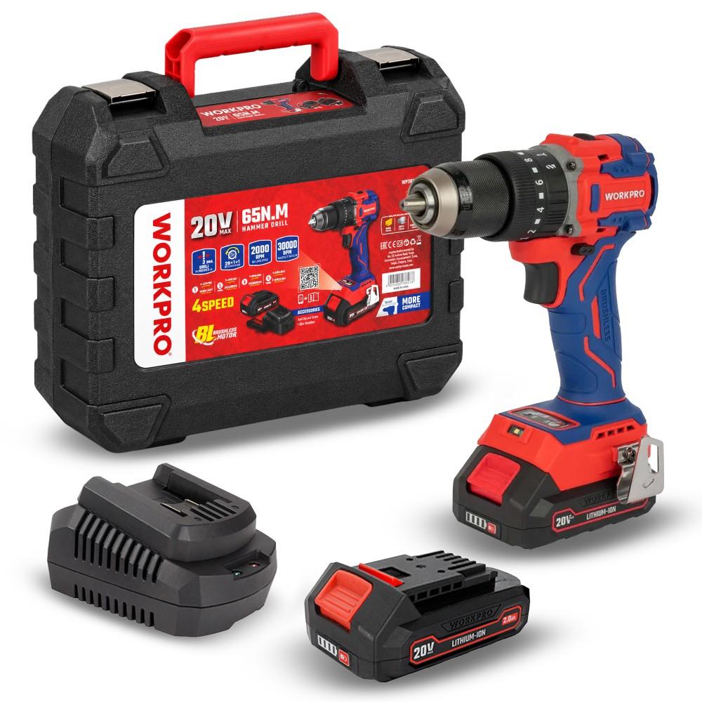 WORKPRO WP390019 20Volt 2.0Ah Li-ion 65Nm. Çift Akülü Kömürsüz Profesyonel Şarjlı Darbeli Matkap