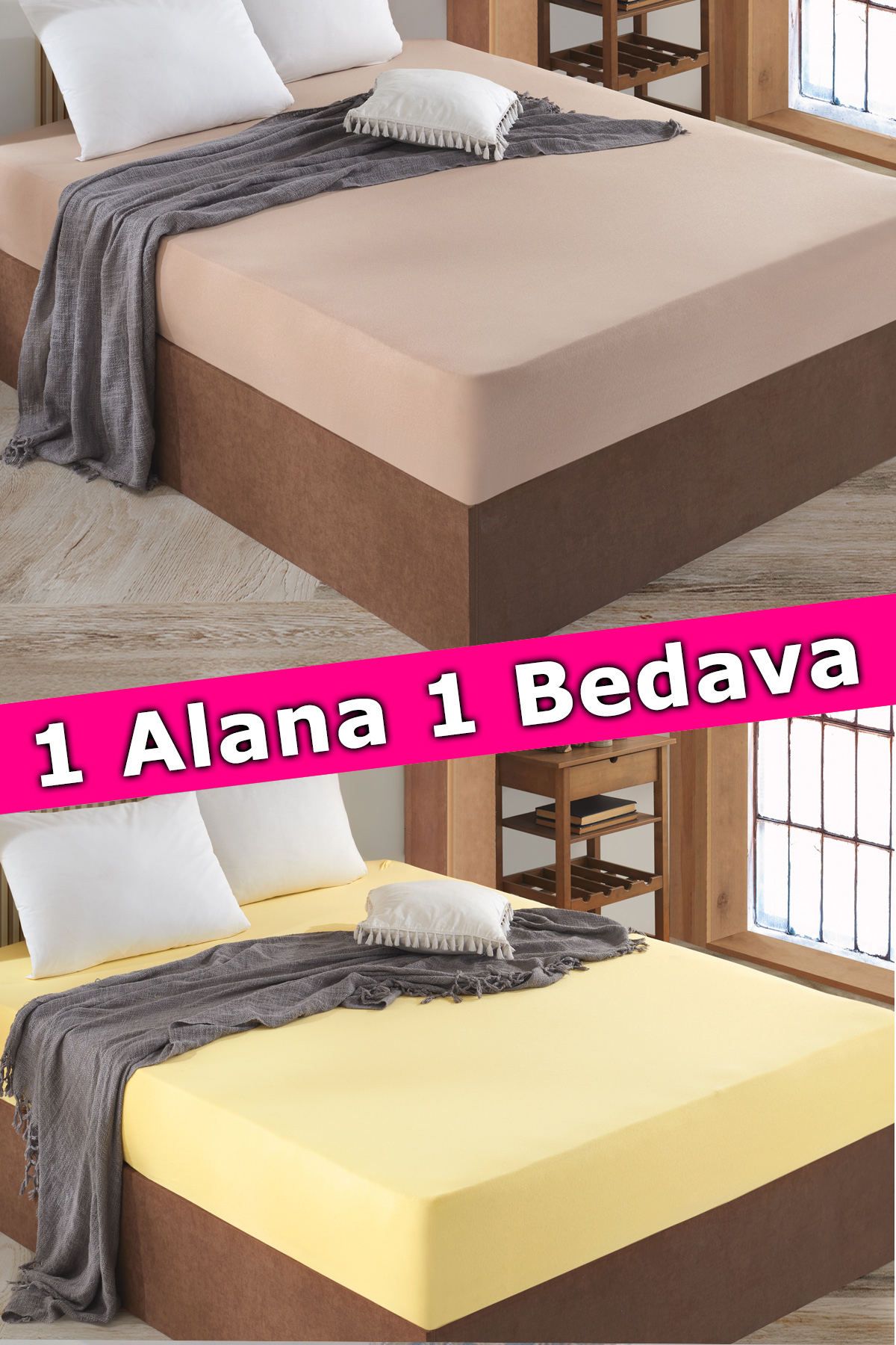 2 Adet Tek Kişilik Lastikli Çarşaf | Bej&Sarı