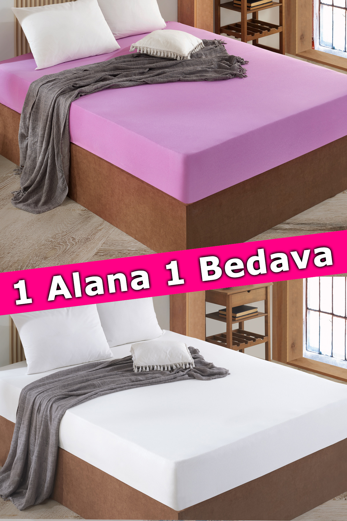 2 Adet Tek Kişilik Lastikli Çarşaf | Fuşya&Beyaz