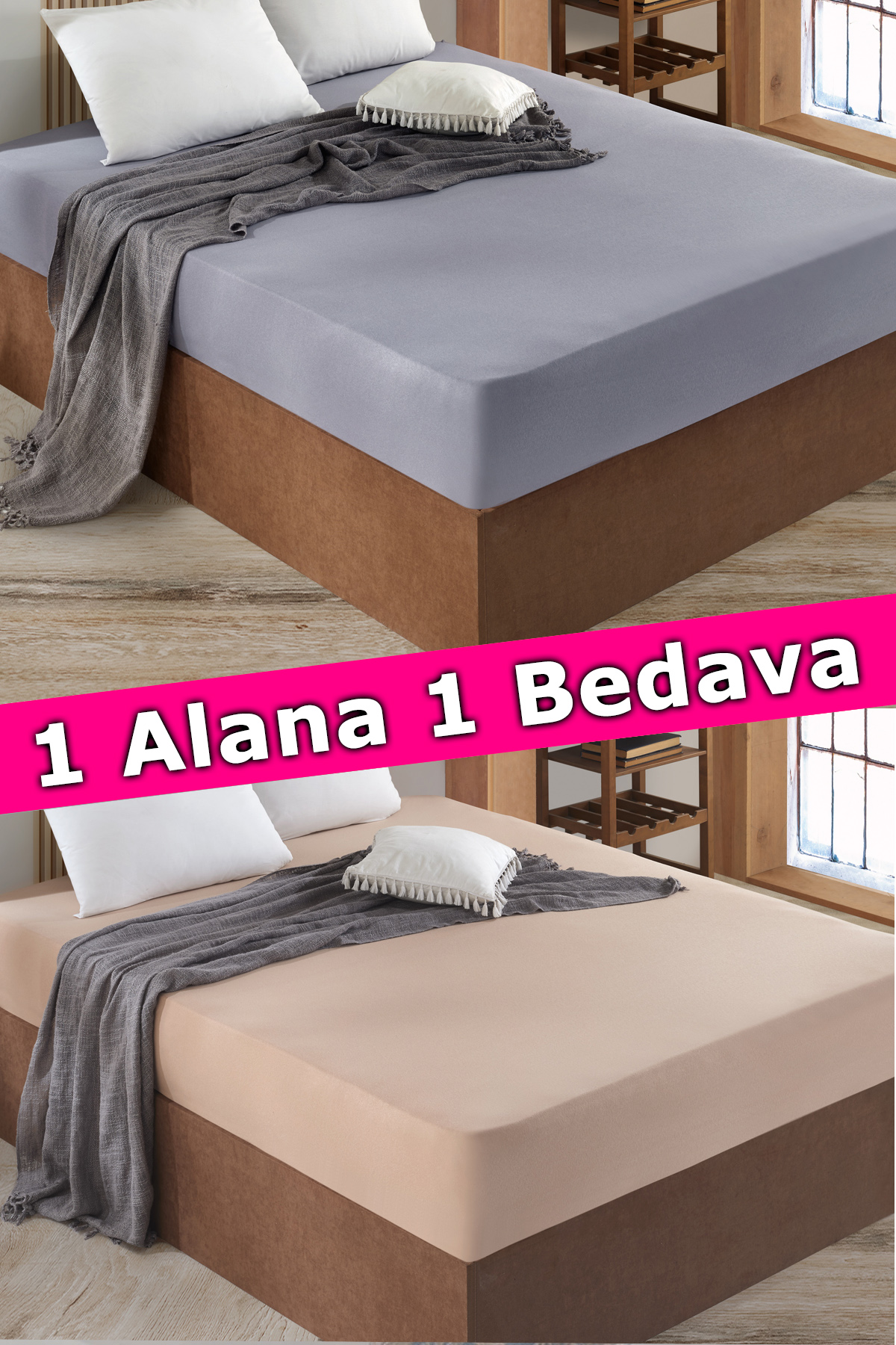 2 Adet Tek Kişilik Lastikli Çarşaf | Gri&Bej