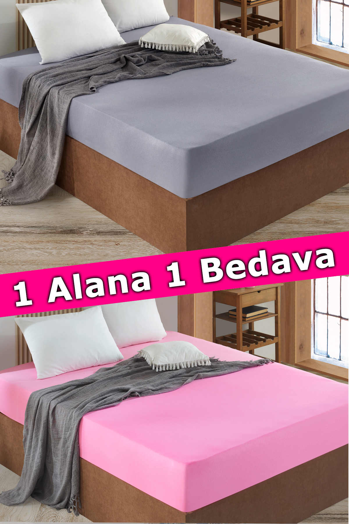 2 Adet Tek Kişilik Lastikli Çarşaf | Gri&Pembe