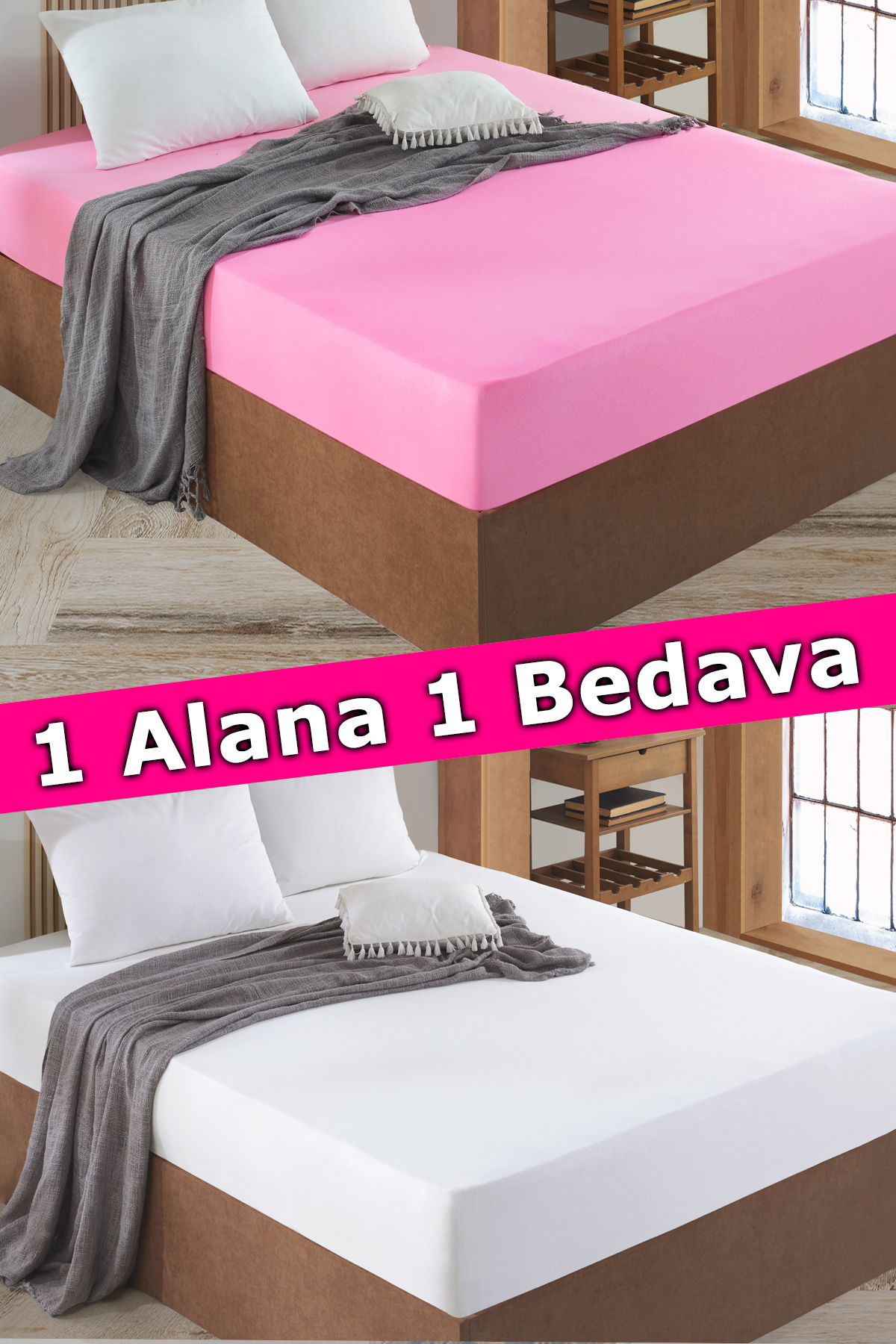 2 Adet Tek Kişilik Lastikli Çarşaf | Pembe&Beyaz