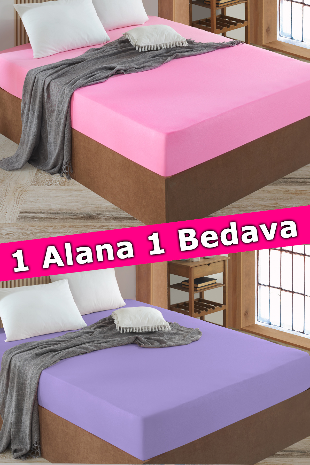 2 Adet Tek Kişilik Lastikli Çarşaf | Pembe&Lila