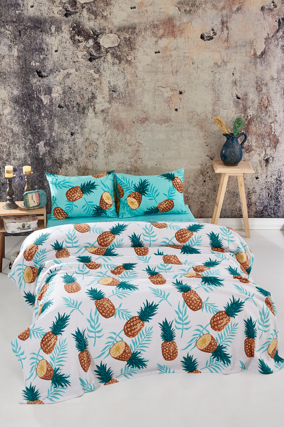 Ananas Desenli Çift Kişilik Pike