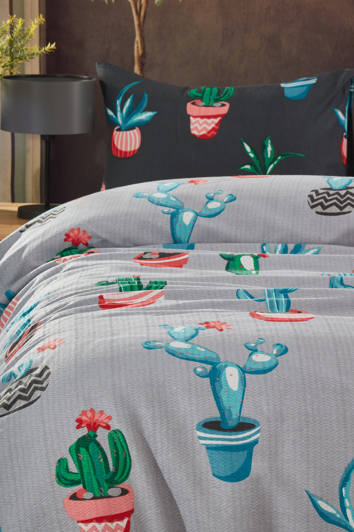 Cactus Tek Kişilik Kaktüs Desenli Tek Pike