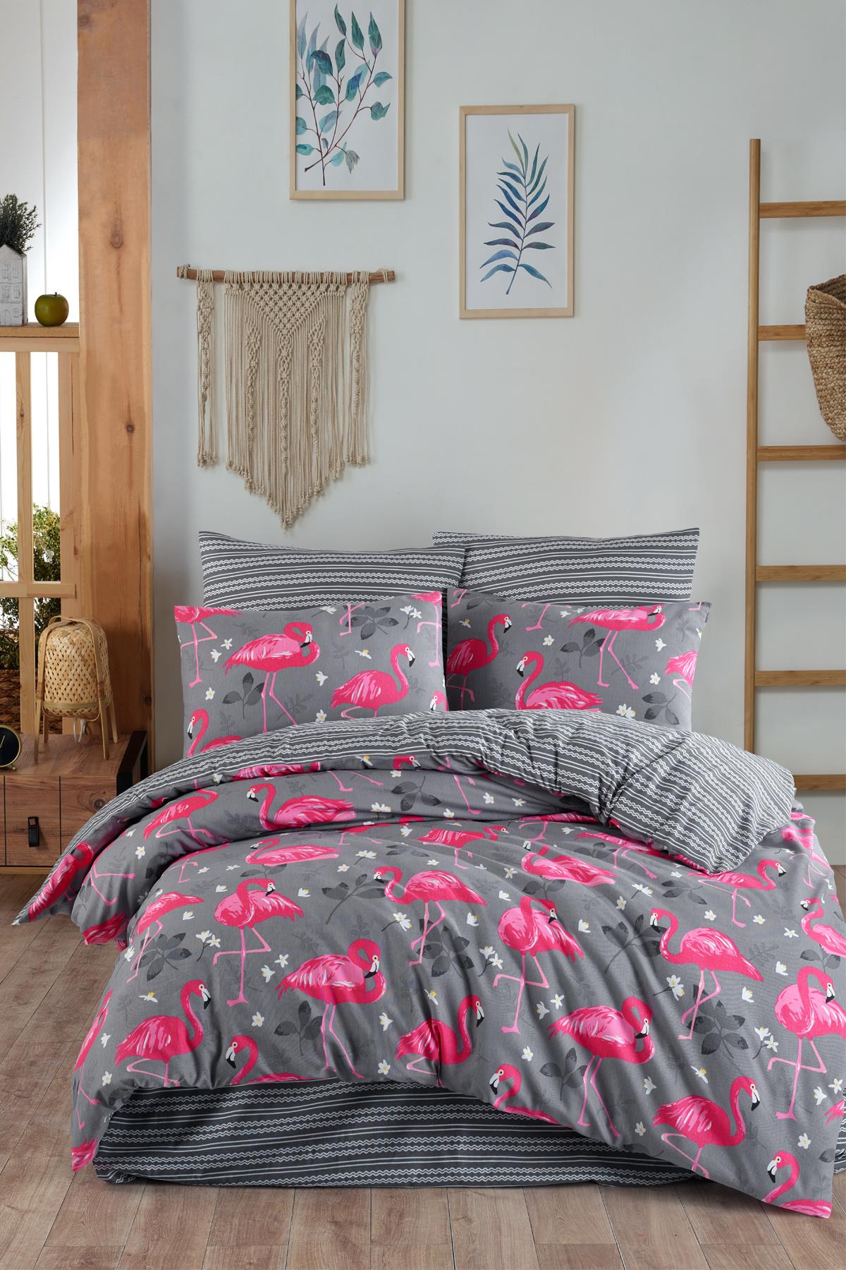 Flamingo Grey %100 Pamuk Çift Kişilik Nevresim Seti