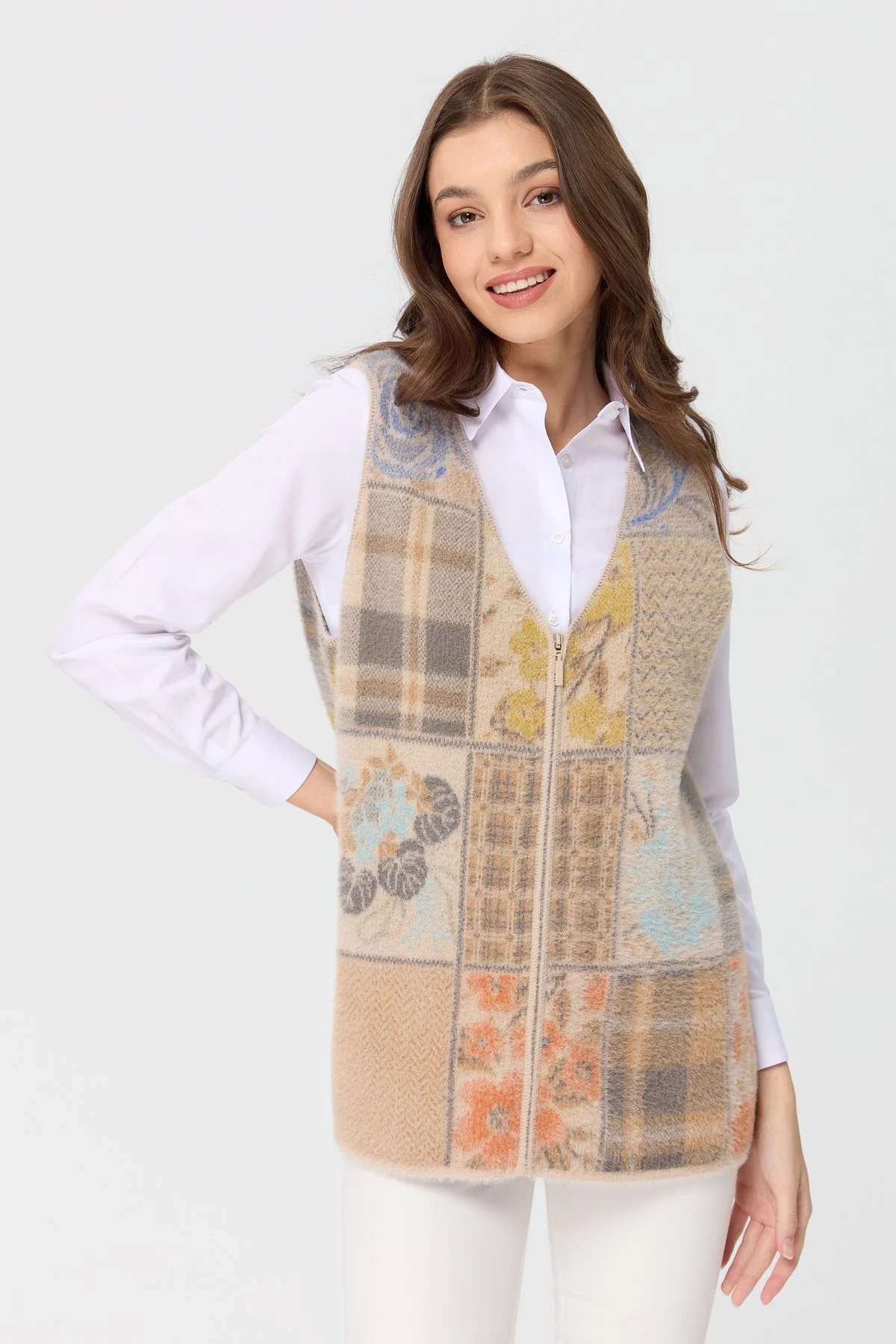 Desen Triko Patchwork Kadın Yelek 3999 (3999) Bej