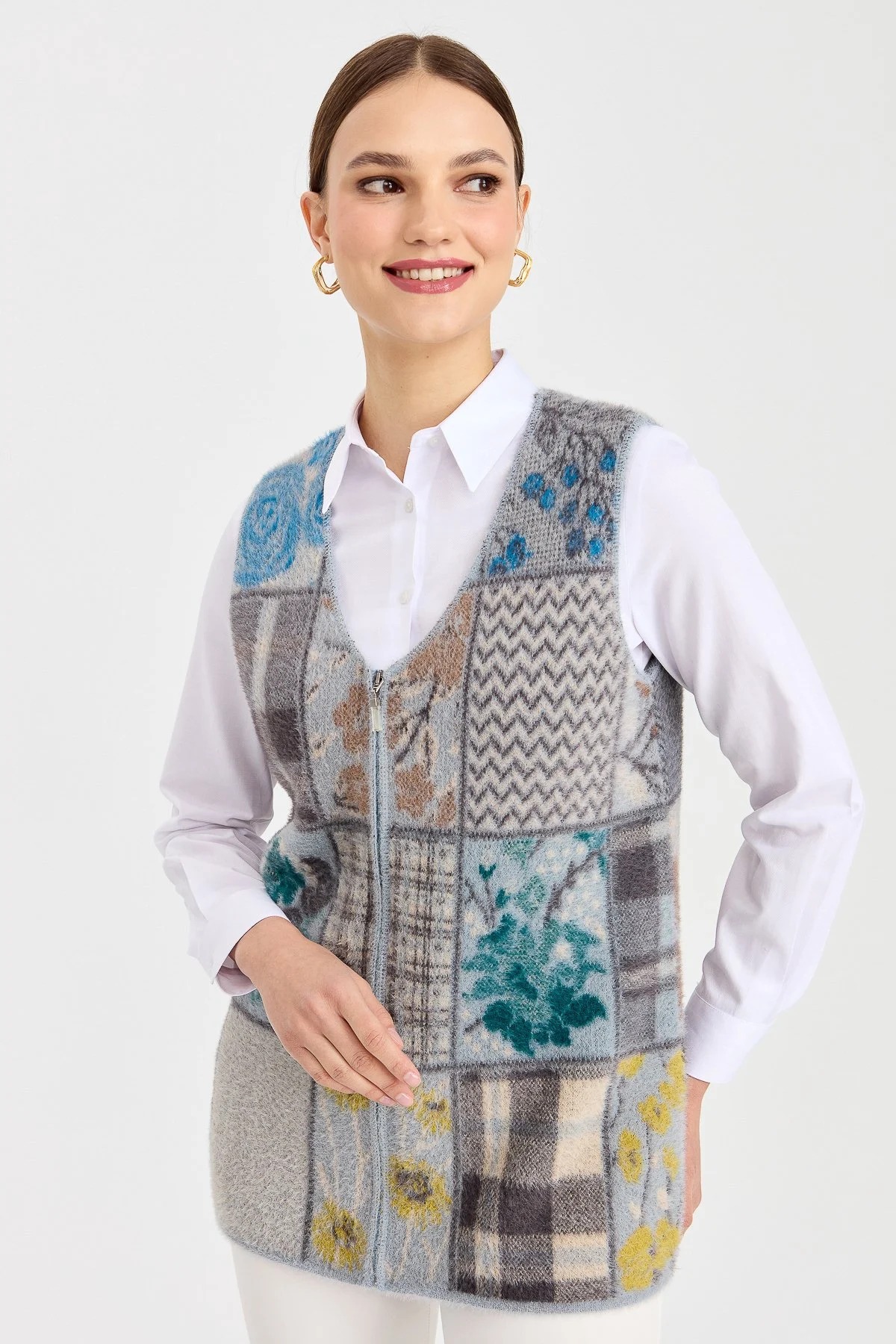 Desen Triko Patchwork Kadın Yelek 3999 (3999) Mavi