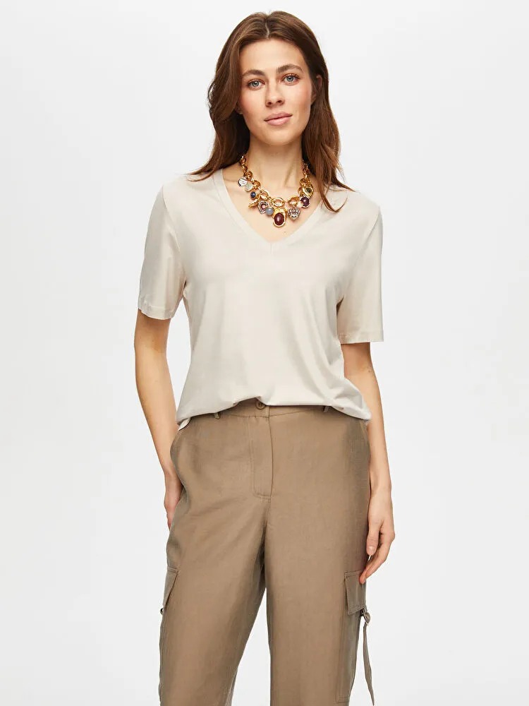 Faik Sönmez V Yaka Kısa Kol Kadın T-shirt BS25TSH001 (BS25TSH001) Taş