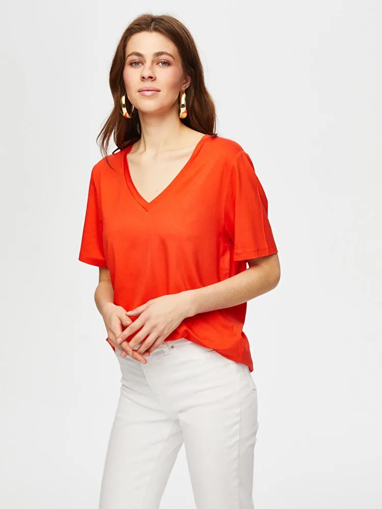 Faik Sönmez V Yaka Kısa Kol Kadın T-shirt BS25TSH001 (BS25TSH001) Nar çiçeği