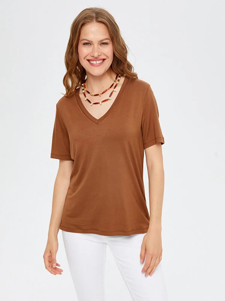 Faik Sönmez V Yaka Kısa Kol Kadın T-shirt BS25TSH001 (BS25TSH001) Kahverengi