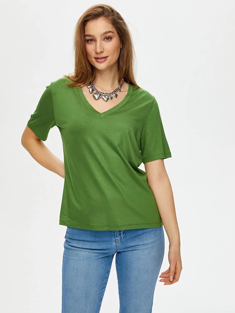 Faik Sönmez V Yaka Kısa Kol Kadın T-shirt BS25TSH001 (BS25TSH001) Yeşil