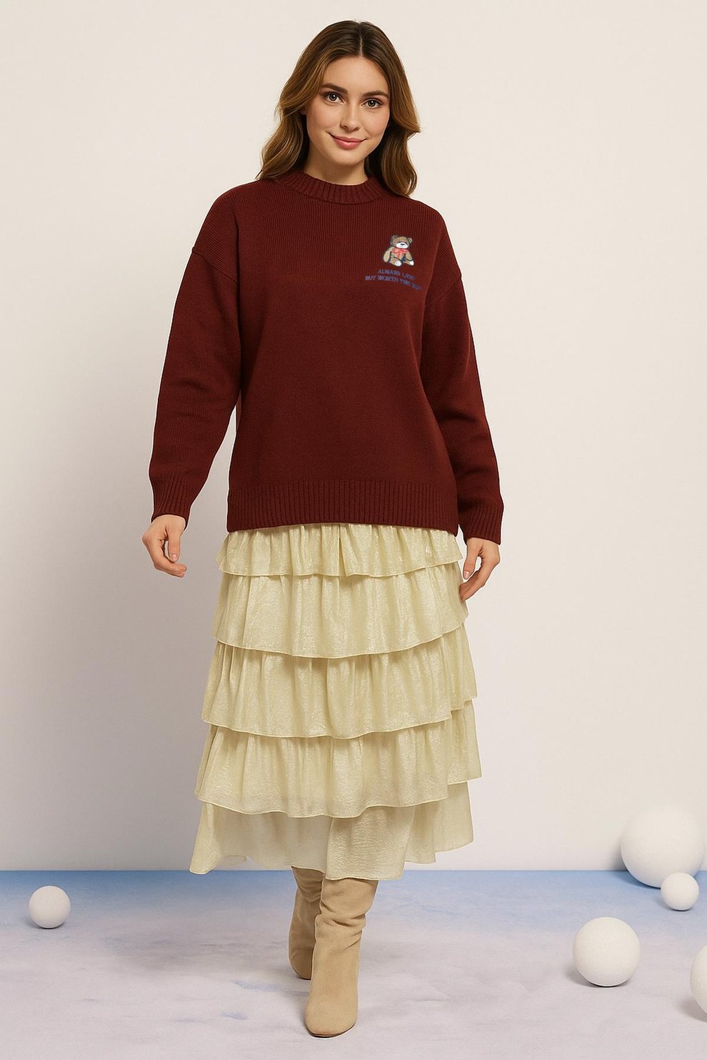 Fashion Friends Nakışlı Kadın Kazak 25K0313K1 (25K0313K1) Bordo