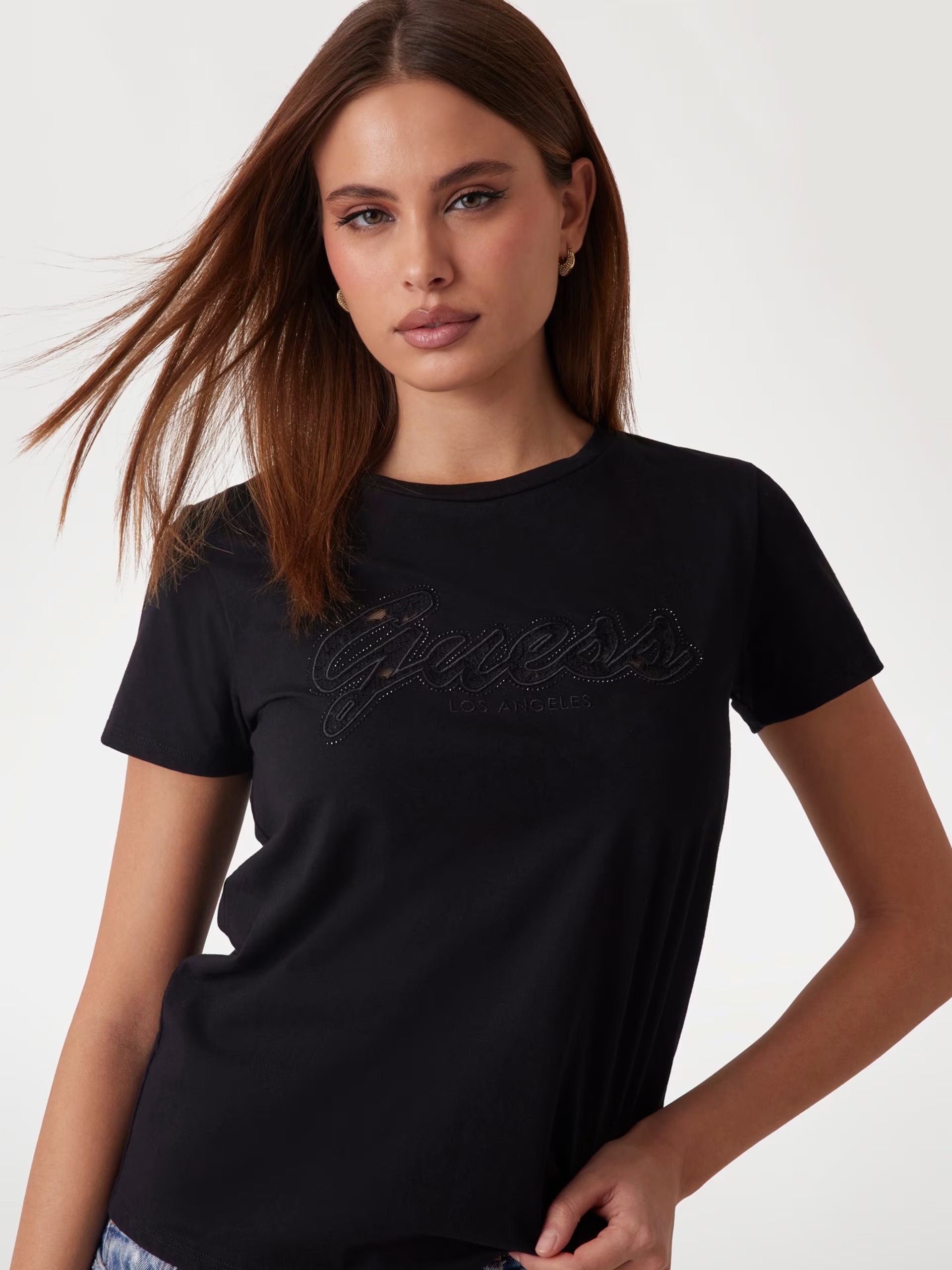 Guess Dantelli Logolu Kadın T-shirt W5RI08K9RM1 (W5RI08K9RM1) Siyah