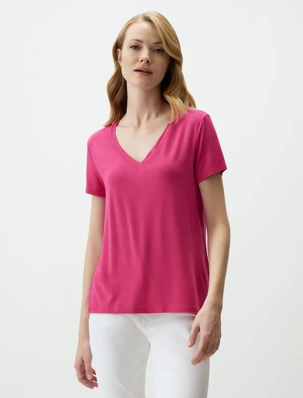 Jimmy Key V Yaka Kadın Basic T-shirt 4WW032758 4WW032758 Fuşya