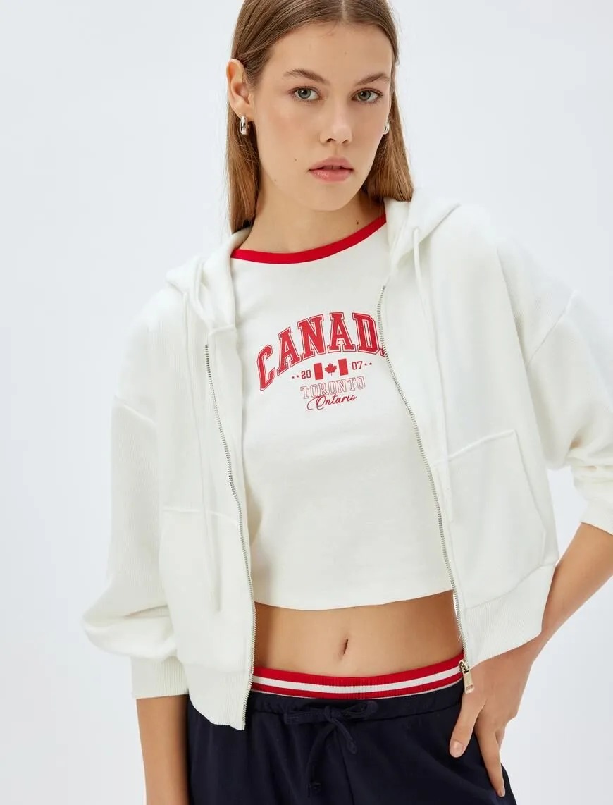 Koton Cepli Uzun Kollu Kadın Crop Fermuarlı Sweatshirt 5WAK10056EK (5WAK10056EK) Ekru