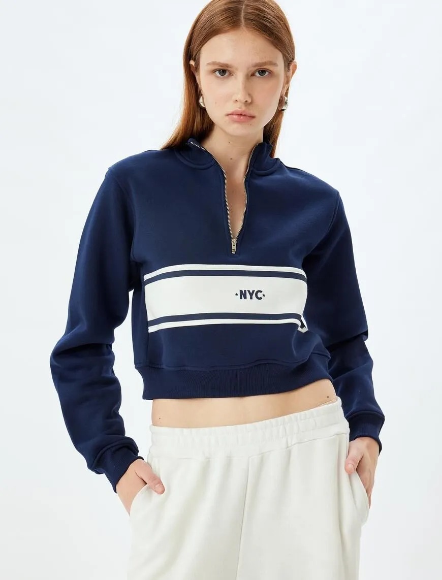 Koton Renk Bloklu Üç İplik Şardonlu Yarım Fermuar Detaylı Kadın Crop Sweatshirt 5WAK10052EK (5WAK10052EK) Lacivert