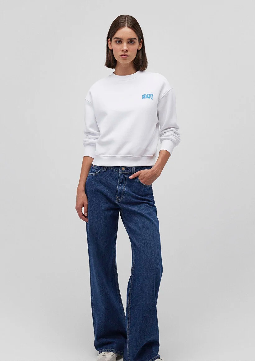 Mavi Logo Baskılı Kadın Crop Sweatshirt (M1611601-620) Beyaz