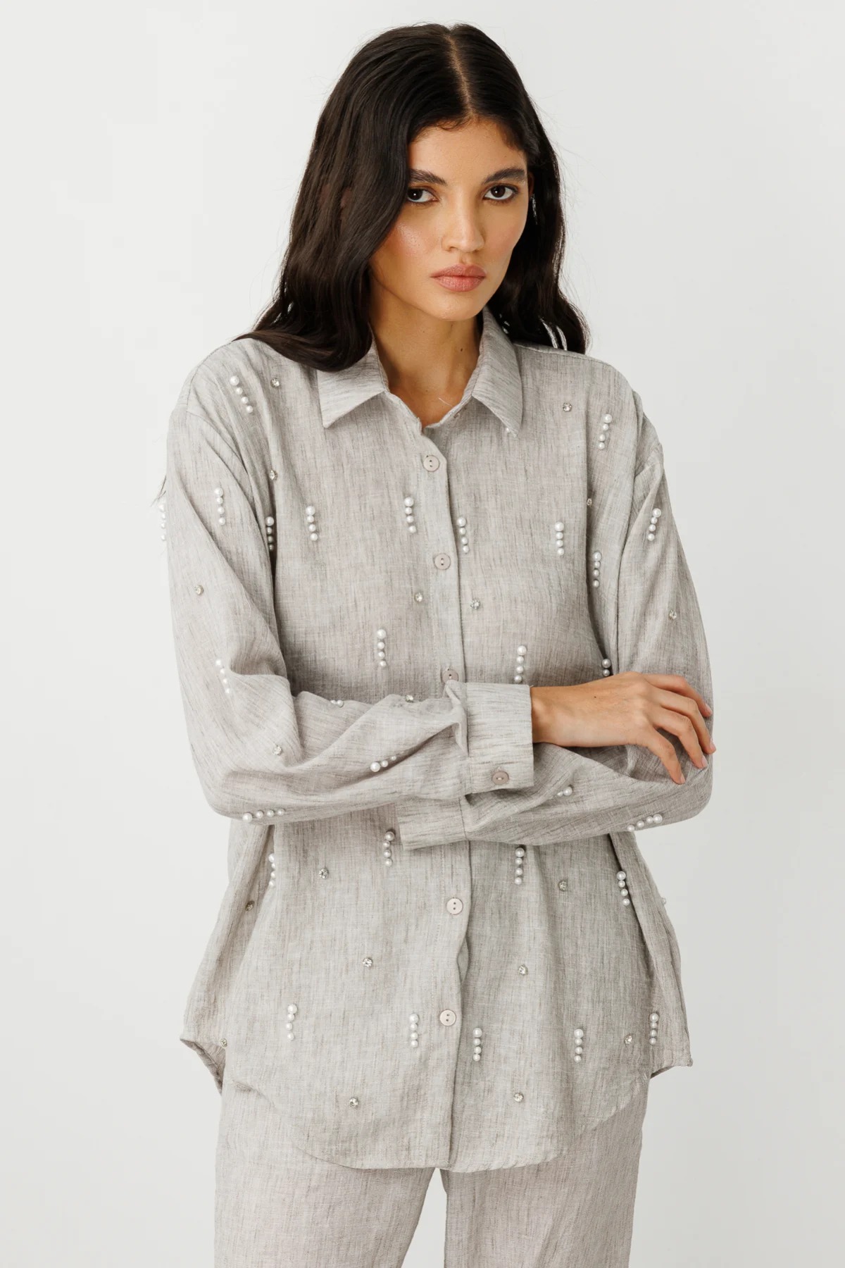 On Fashion Önü İncili Oversize Kadın Gömlek 25Y.ON.GML.56538.01 (25Y.ON.GML.56538.01) Gri