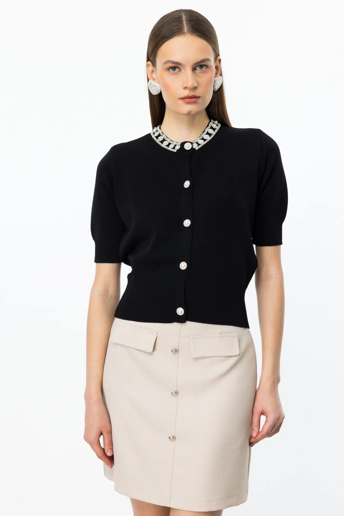 On Fashion Yakası Taşlı Önü Düğmeli Kadın Hırka 25Y.ON.HRK.53905.01 (25Y.ON.HRK.53905.01) Siyah