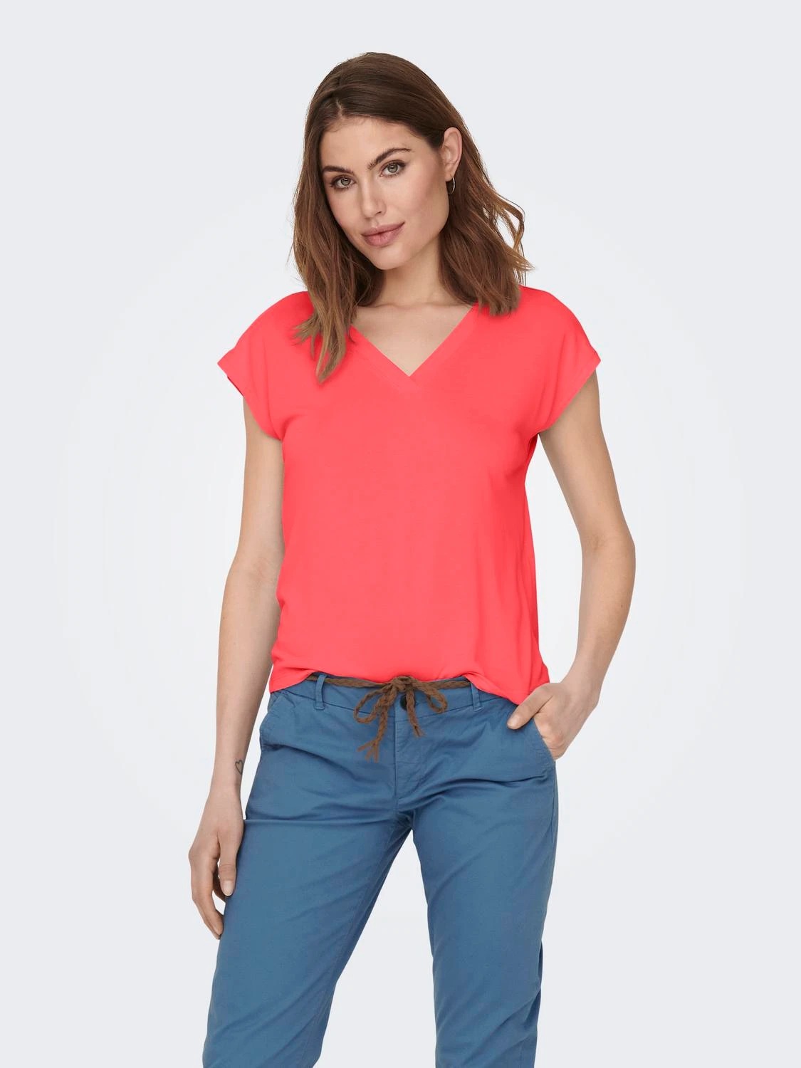 Only Onlfree Life S/S Mod V-Neck Top Jrs Noos Kadın T-shirt 15287041 (15287041) Mercan