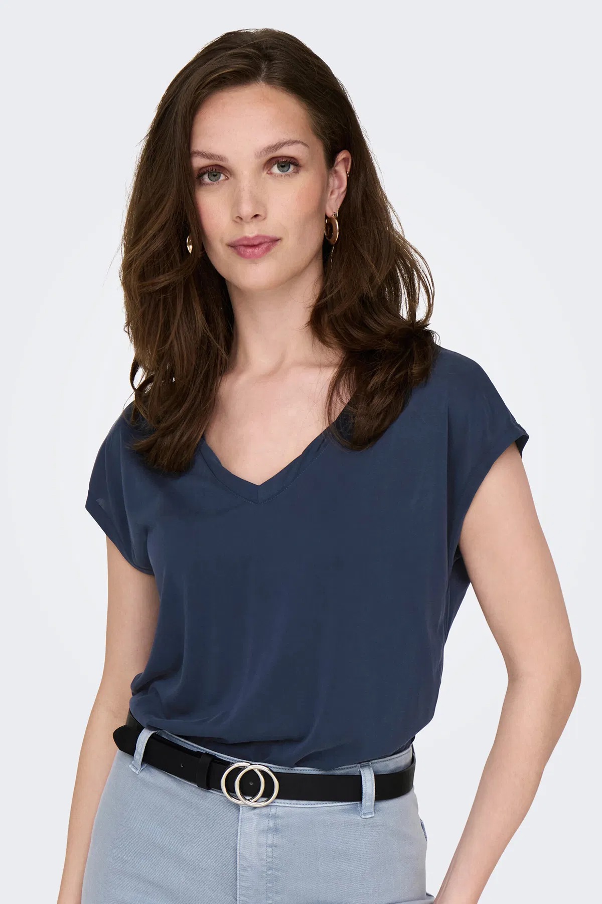 Only Onlhannah S/S V-Neck Top Kadın T-shirt 15326642 (15326642) Lacivert