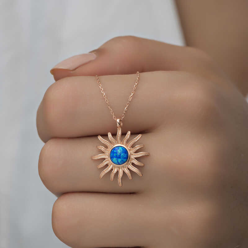 ​Gümüş Rose Mavi Opal Taşlı Güneş Kadın Kolye