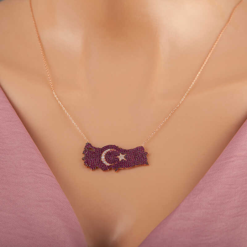 Gümüş Rose Ay Yıldız Türkiye Haritası Kadın Kolye