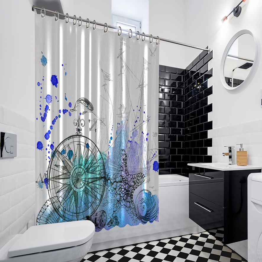 Multiple Sized Boats Lightho Seashell Printed Showers Curtain  Waterproof Button Hole Shower Drapes For Your Bathtub Bathroom Decorations