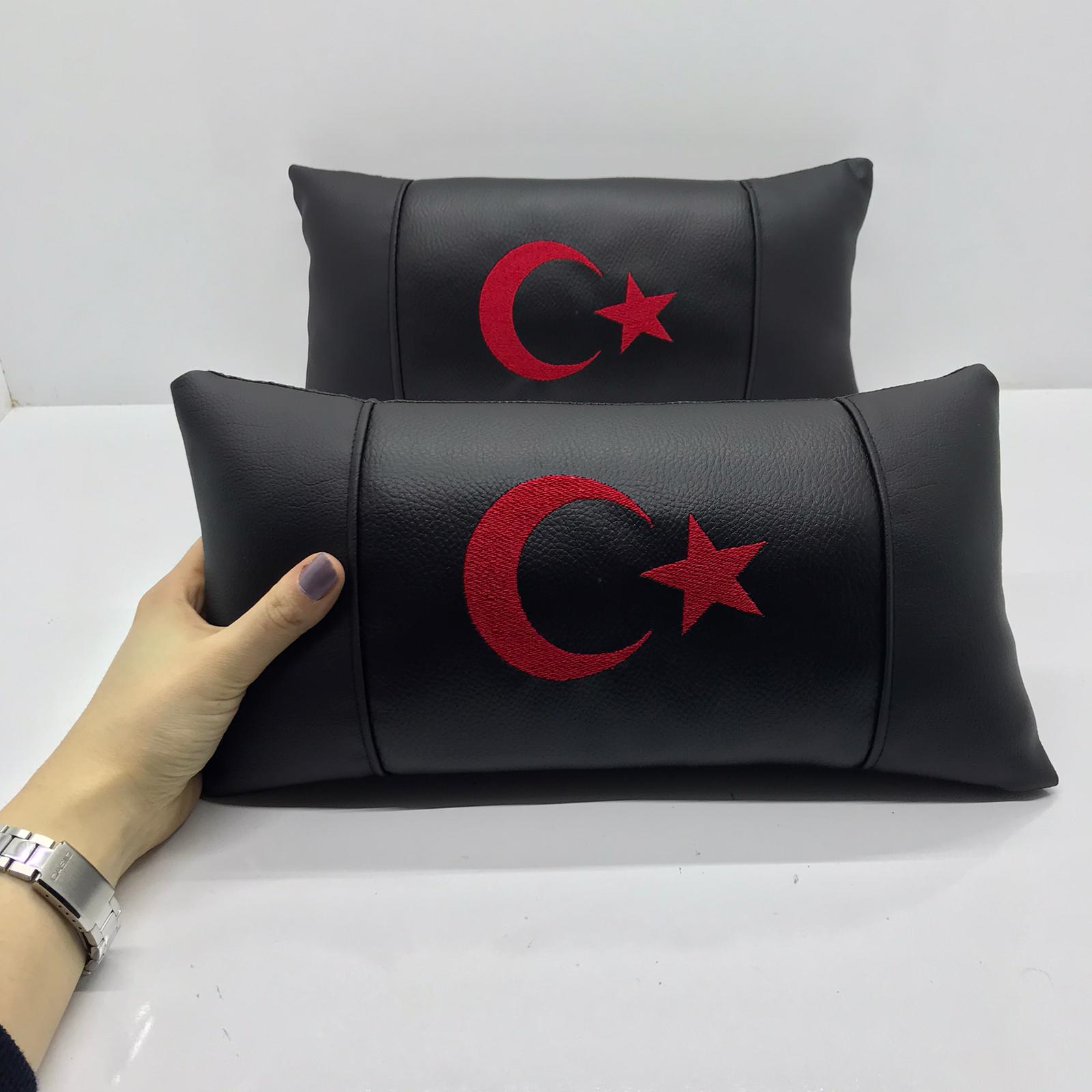 Türk Bayrağı Deri Araç Boyun Yastığı 2 Adet Ortopedik Yastık