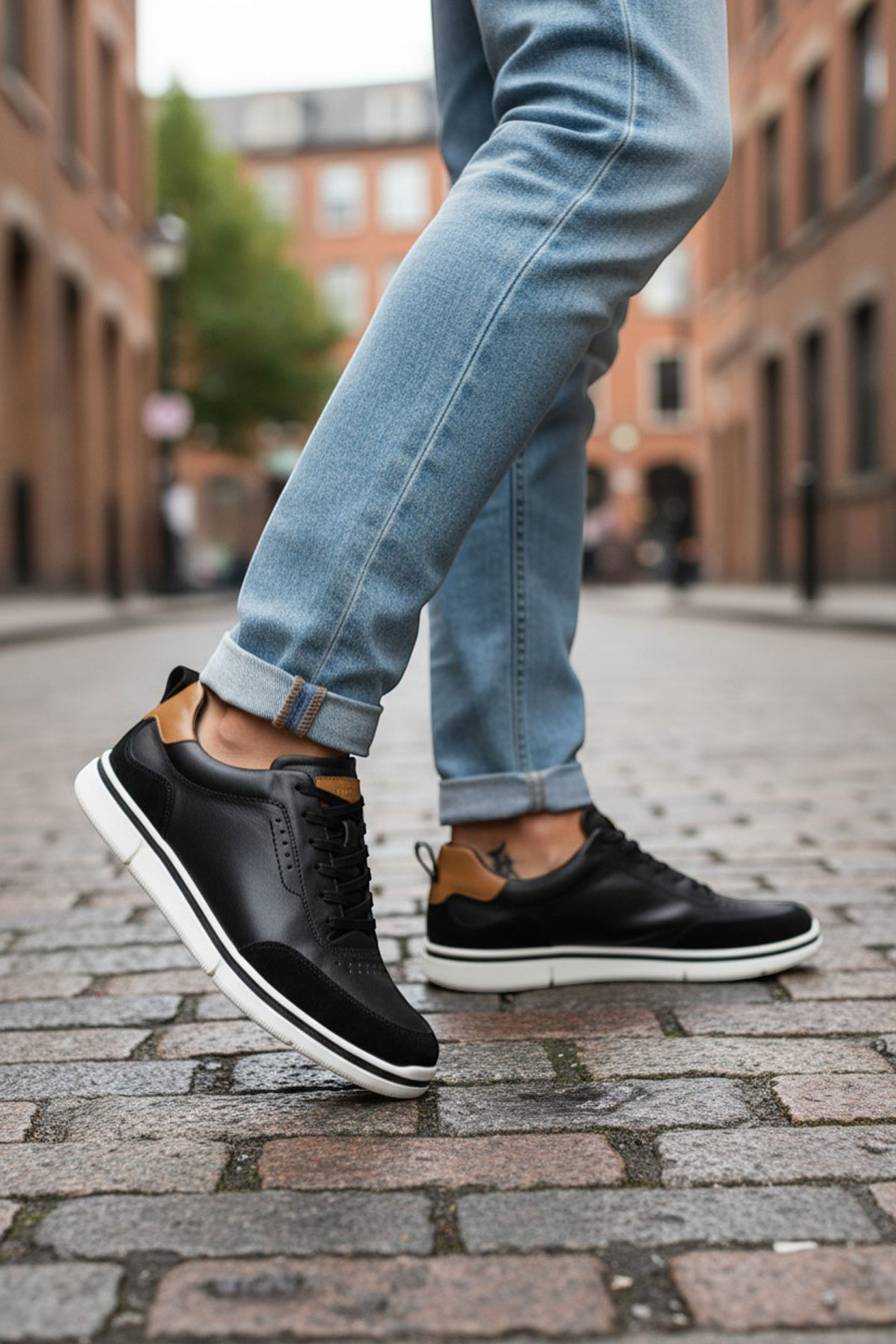 حذاء سنيكرز رجالي برباط من الجلد الطبيعي داخلي وخارجي بنعل EVA