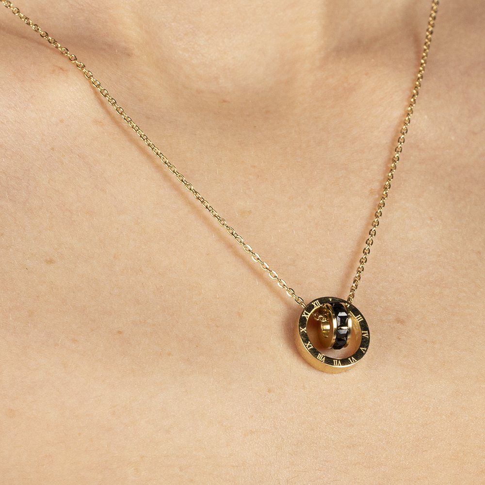 Çelik altın renkli ince zincirli yuvarlak ortası boş roma rakam detaylı kolye bijuteri bayan takı gerdanlık