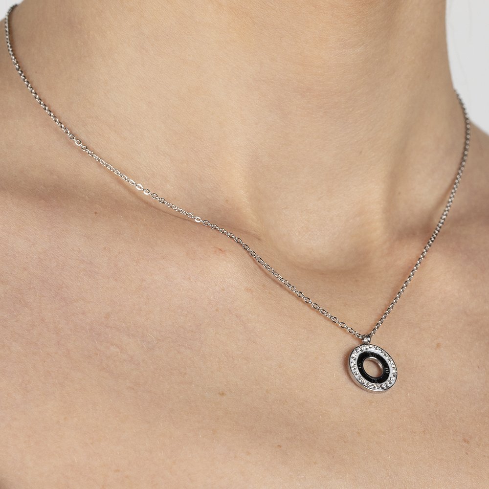 Çelik kolye zikron taşlı ince zincir kolye yuvarlak siyah ince çizgi detaylı model bijuteri bayan takı gerdanlık