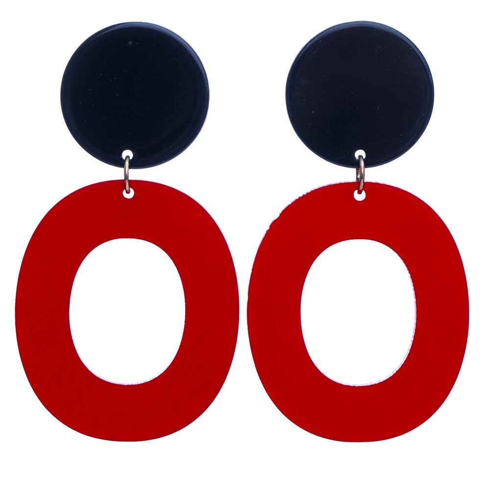 Küpe hafif plastik yuvarlak iki parçalı kırmızı halka siyah üst bijuteri bayan takı