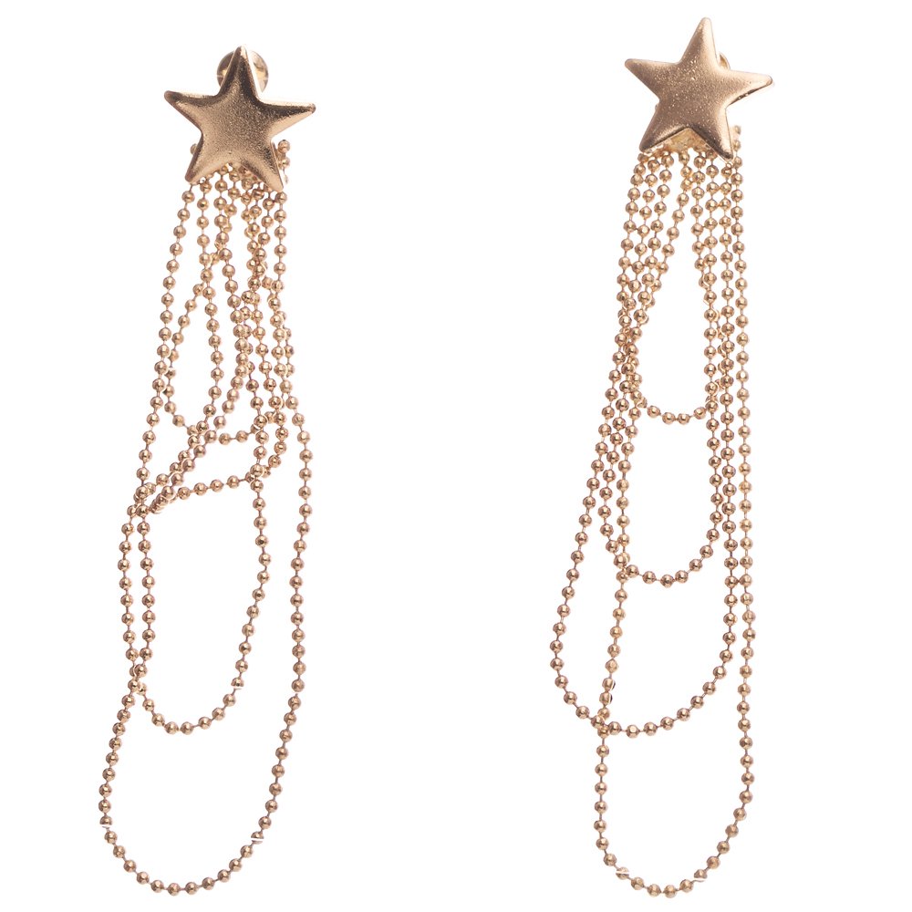 Metal küpe altın rengi yıldız zincir sarkıtlı dört zincirli model şık zarif bayan takı bijuteri