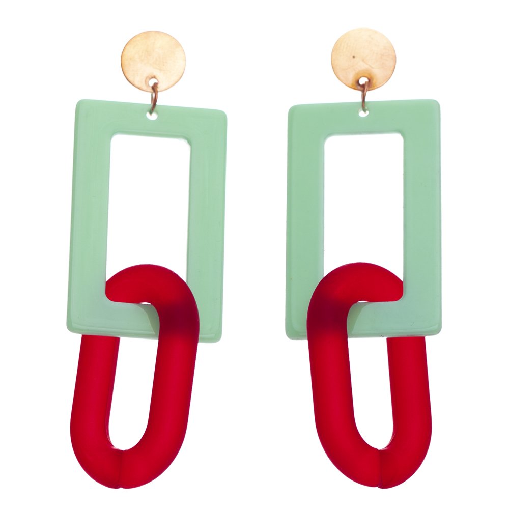 Plastik Küpe dikdörtgen yuvarlak halkalar iki parçalı yeşil ve kırmızı renk şık zarif bayan takı bijuteri
