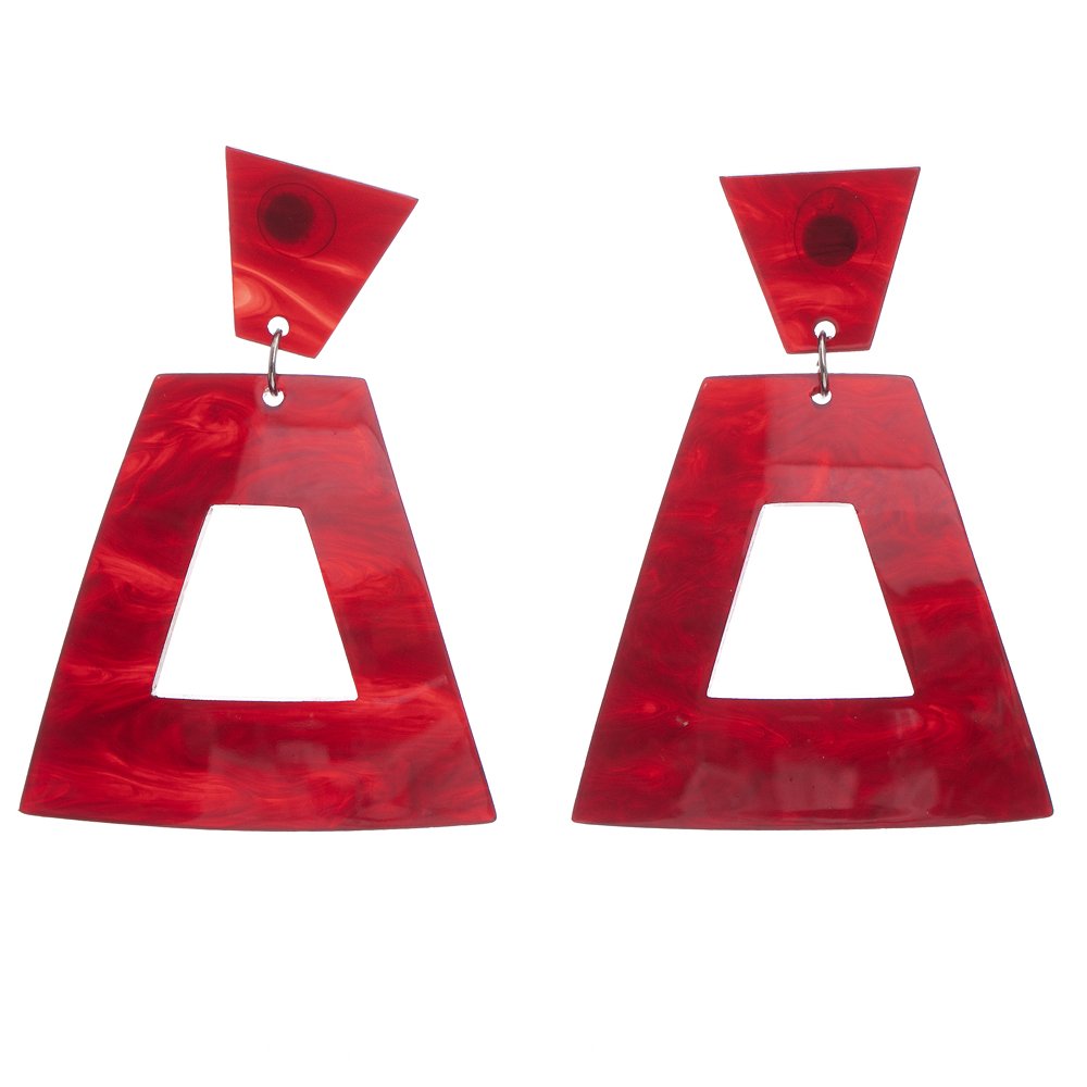Plastik küpe üçgen şekilli iki parçalı soft sedefli inci kırmızı renk şık zarif bayan takı bijuteri