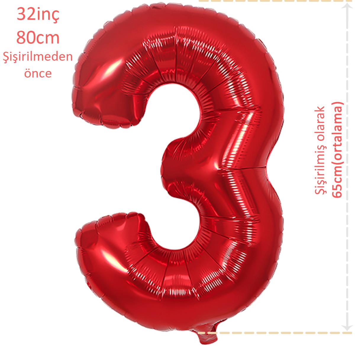 Rakam Folyo Balon Kırmızı 3 Rakamı 32inç 80cm