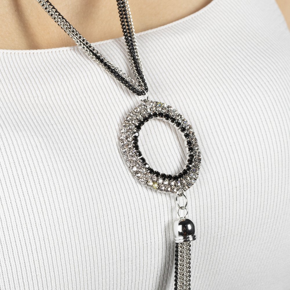 Uzun zincirli kolye siyah ve gümüş renk zincir yuvarlak siyah beyaz taşlı gümüş renk zemin gerdanlık bayan takı bijuteri