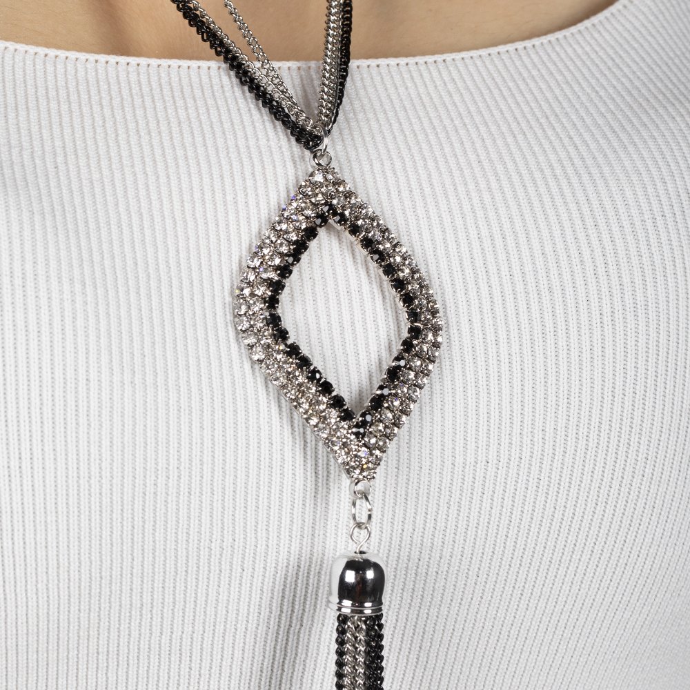 Uzun zincirli prizma şekilli kolye siyah ve gümüş zincir küçük siyah beyaz taşlı gerdanlık takı bijuteri