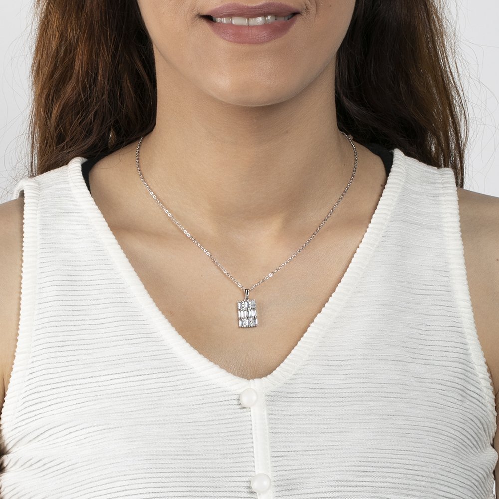 Zirkon taş kolye gümüş silver rengi ince zincirli gerdanlık bayan bijuteri takı dikdörtgen model