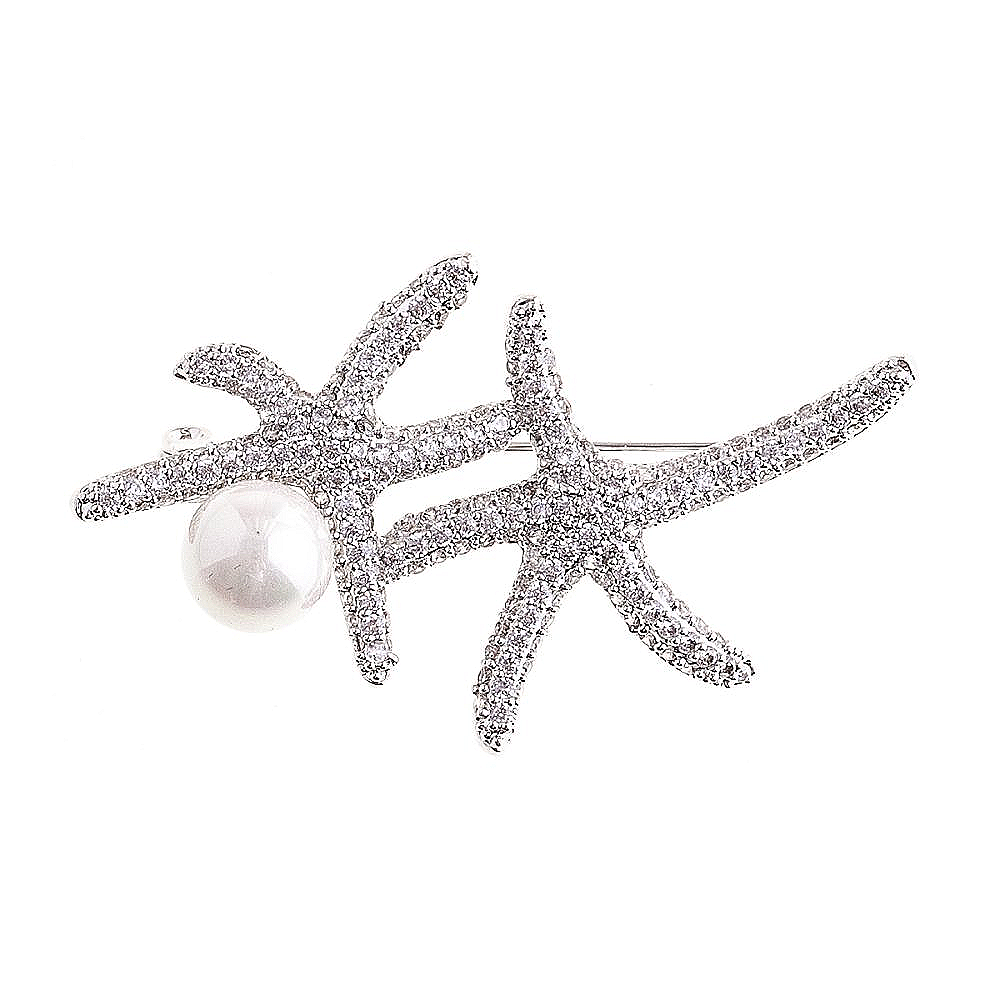 Zirkon taşlı  Deniz yıldızı inci modeli yaka iğnesi broş gümüş rengi iğneli yaka broşu