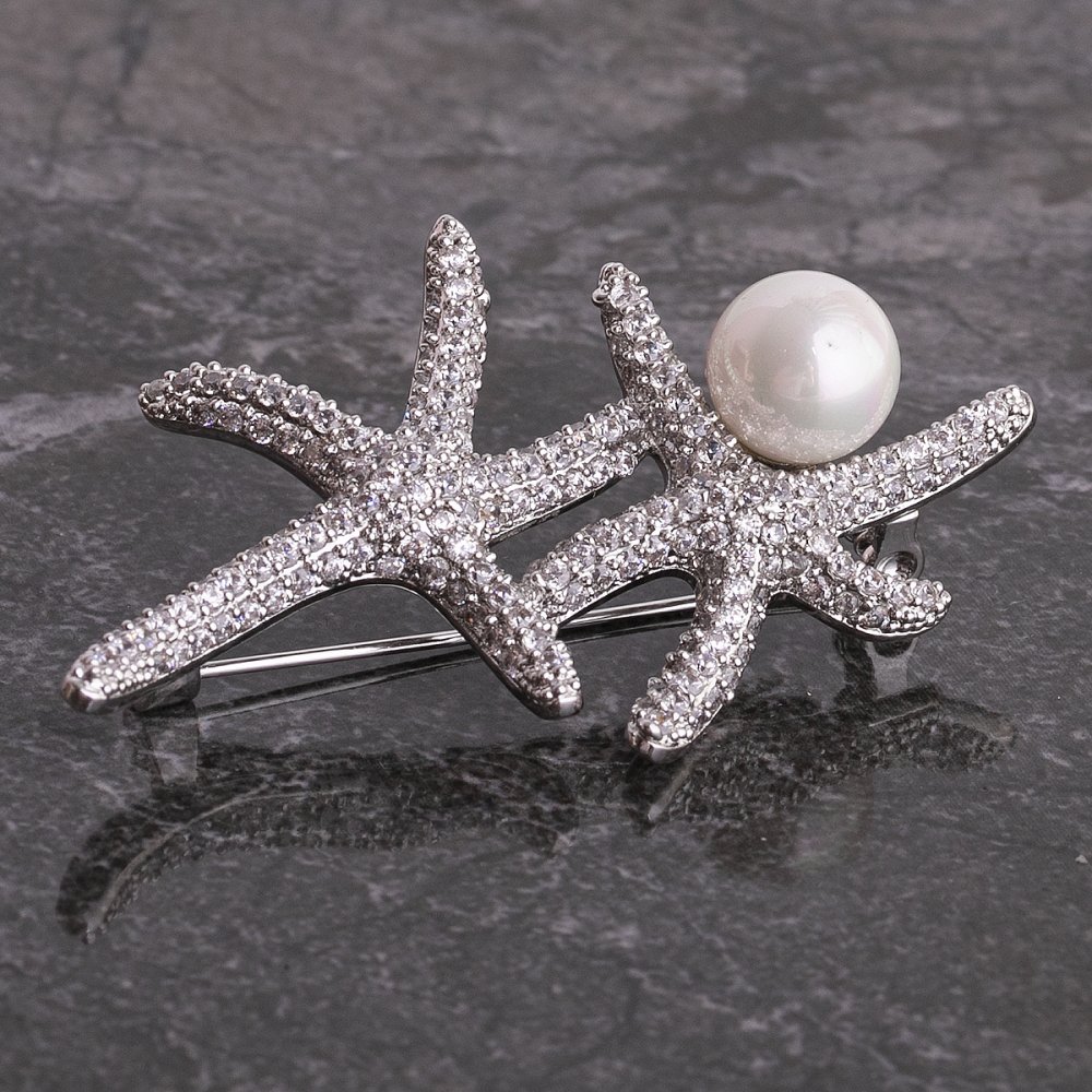 Zirkon taşlı  Deniz yıldızı inci modeli yaka iğnesi broş gümüş rengi iğneli yaka broşu